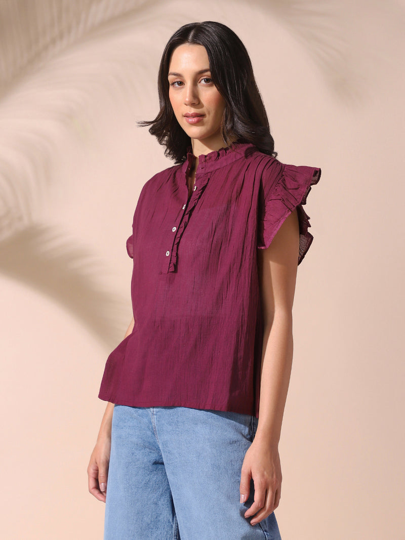 DL Woman Mauve Solid Textured Sleeveless Round Neck Ruffle Top