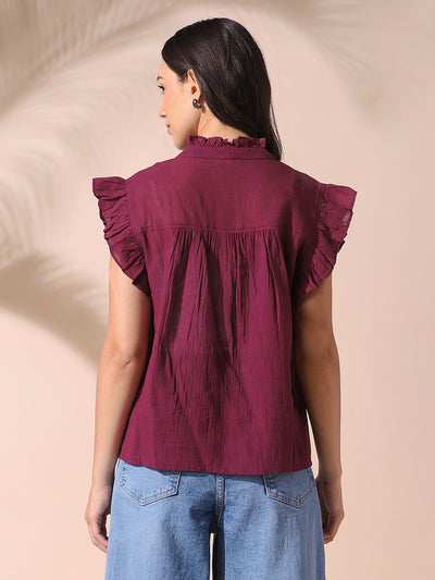 DL Woman Mauve Solid Textured Sleeveless Round Neck Ruffle Top