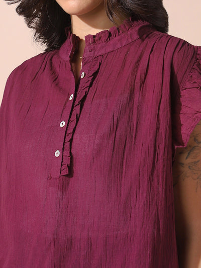 DL Woman Mauve Solid Textured Sleeveless Round Neck Ruffle Top