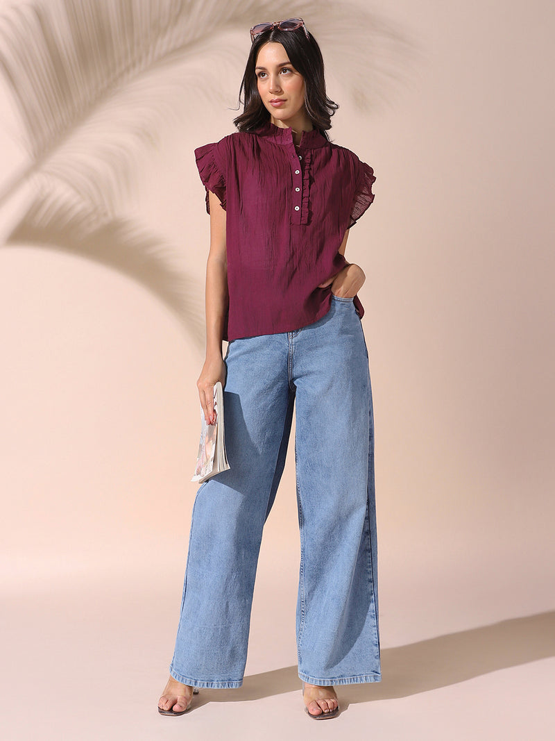 DL Woman Mauve Solid Textured Sleeveless Round Neck Ruffle Top