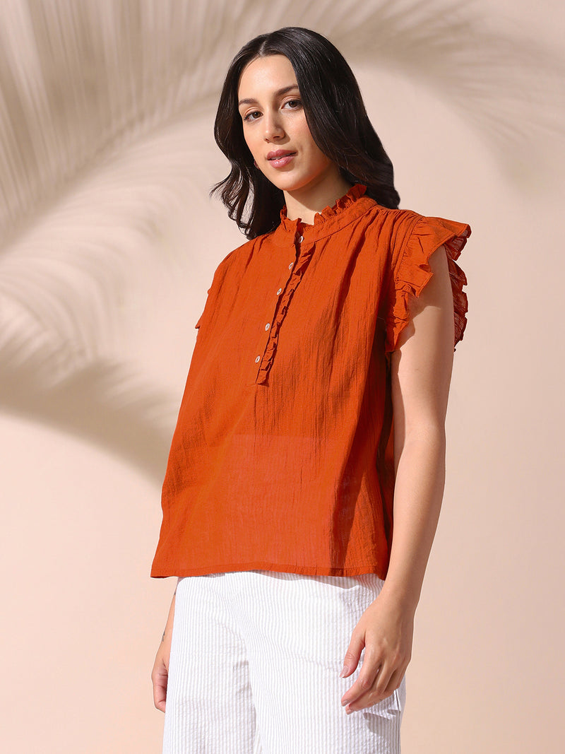 DL Woman Rust Solid Textured Sleeveless Round Neck Ruffle Top