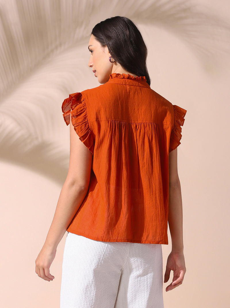 DL Woman Rust Solid Textured Sleeveless Round Neck Ruffle Top