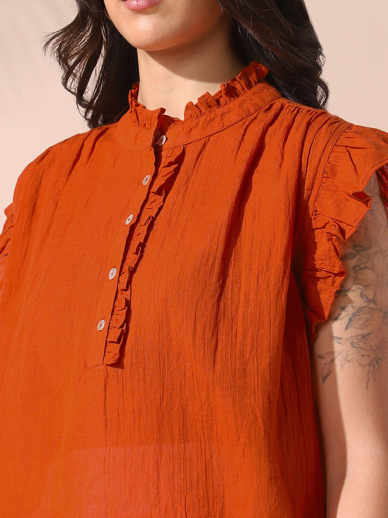 DL Woman Rust Solid Textured Sleeveless Round Neck Ruffle Top