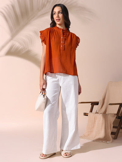 DL Woman Rust Solid Textured Sleeveless Round Neck Ruffle Top