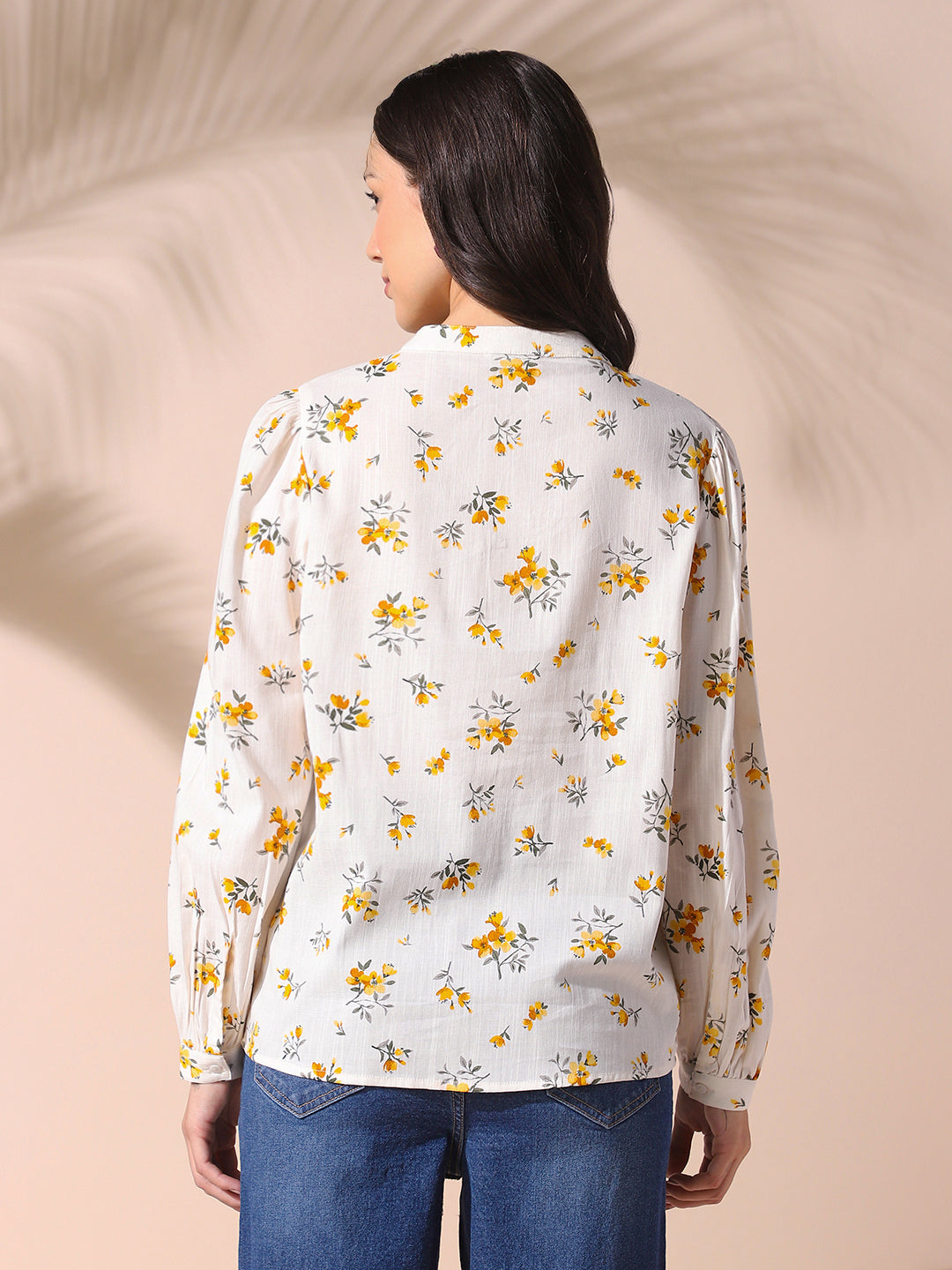 Women White Floral Printed Mandarin Collar Full Sleeves Top