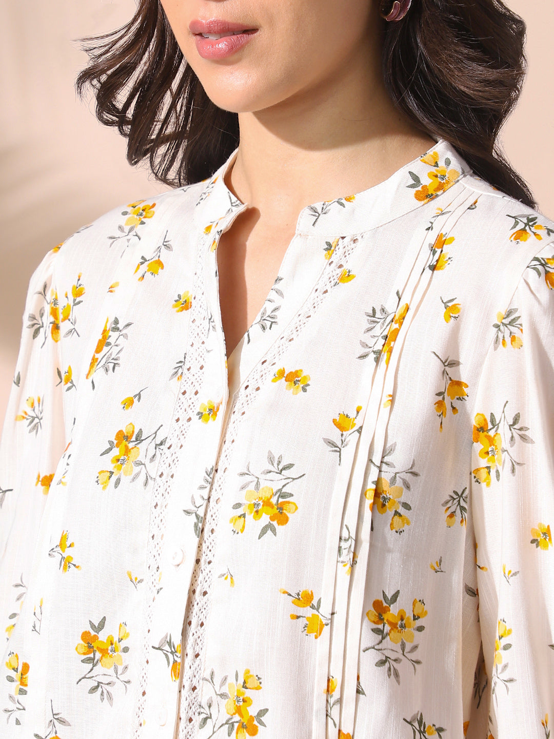 Women White Floral Printed Mandarin Collar Full Sleeves Top