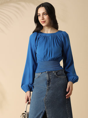 DL Woman Solid Round Neck Elasticated Top