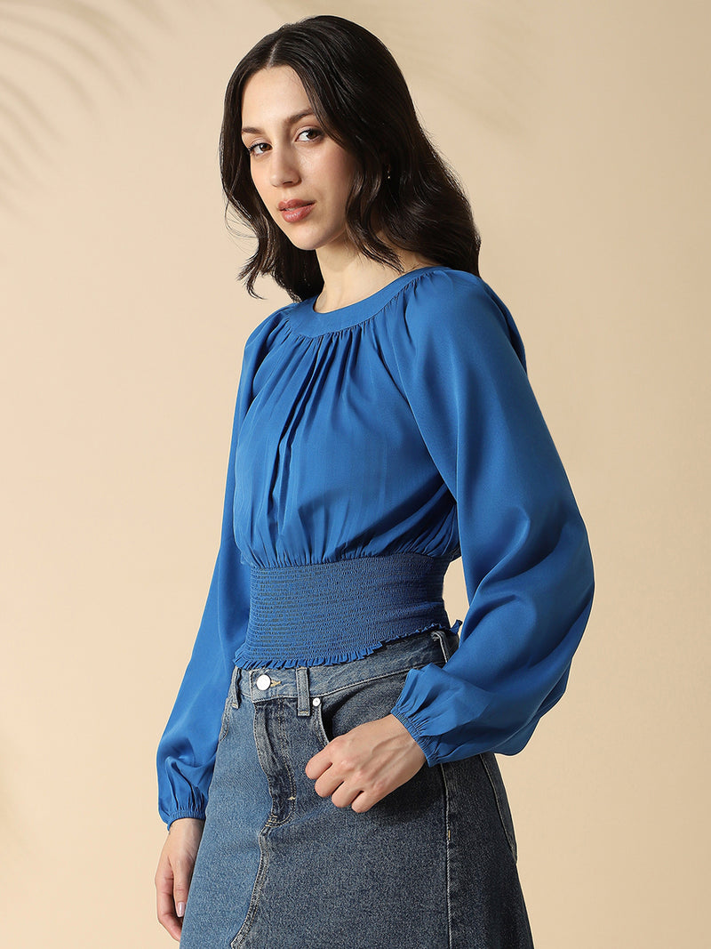 DL Woman Solid Round Neck Elasticated Top