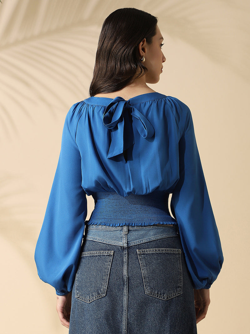 DL Woman Solid Round Neck Elasticated Top
