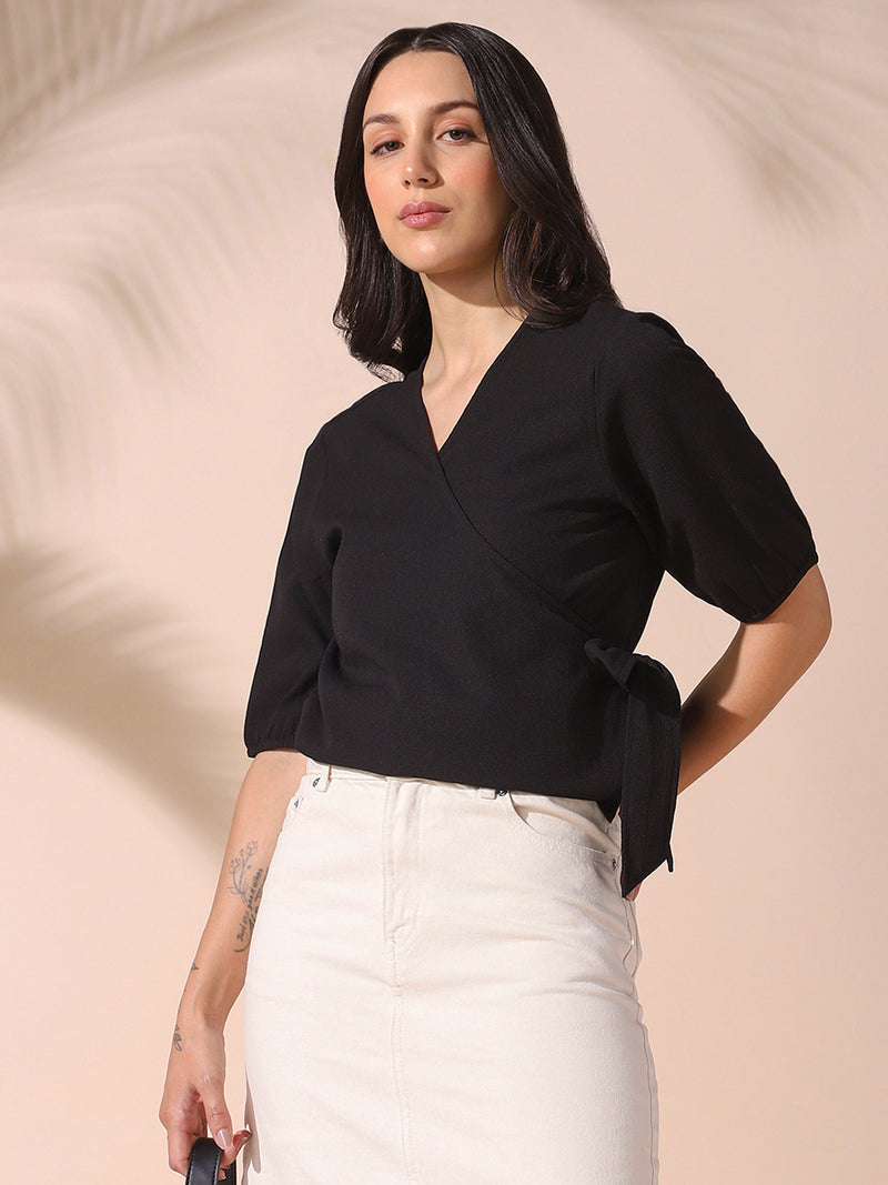DL Woman Black Solid Textured V-Neck Half Sleeves Tie-Up Top