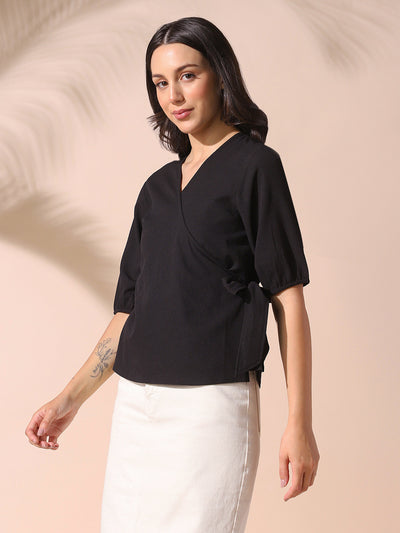 DL Woman Black Solid Textured V-Neck Half Sleeves Tie-Up Top