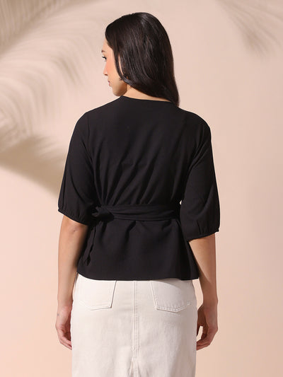 DL Woman Black Solid Textured V-Neck Half Sleeves Tie-Up Top
