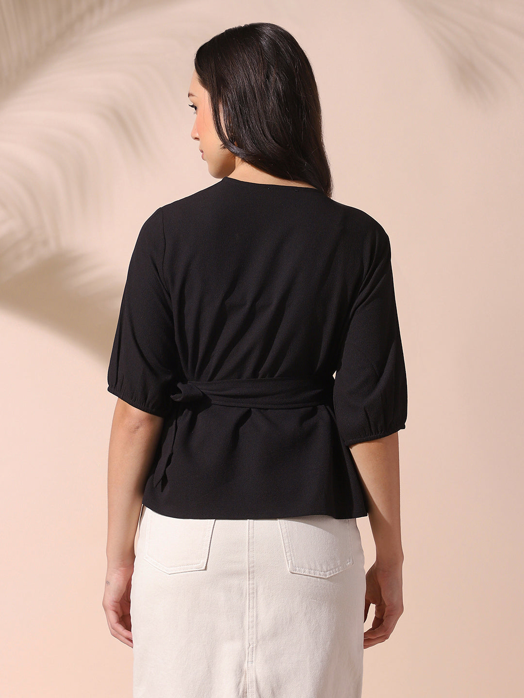 DL Woman Black Solid Textured V-Neck Half Sleeves Tie-Up Top
