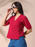 DL Woman Pink Solid Textured V-Neck Half Sleeves Tie-Up Top