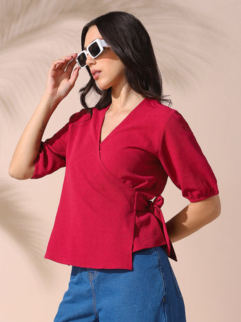 DL Woman Pink Solid Textured V-Neck Half Sleeves Tie-Up Top