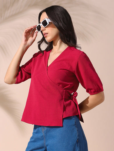 DL Woman Pink Solid Textured V-Neck Half Sleeves Tie-Up Top