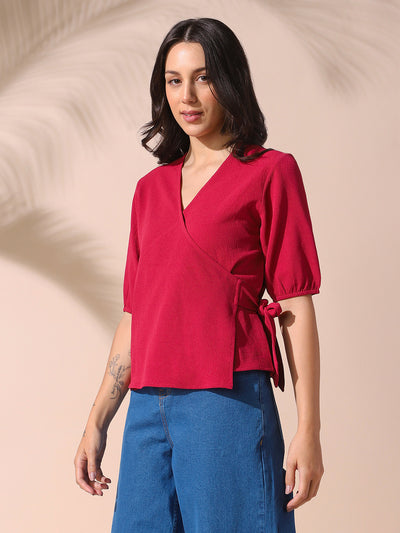 DL Woman Pink Solid Textured V-Neck Half Sleeves Tie-Up Top