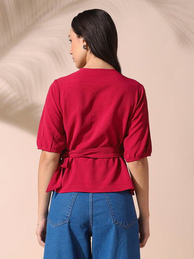 DL Woman Pink Solid Textured V-Neck Half Sleeves Tie-Up Top