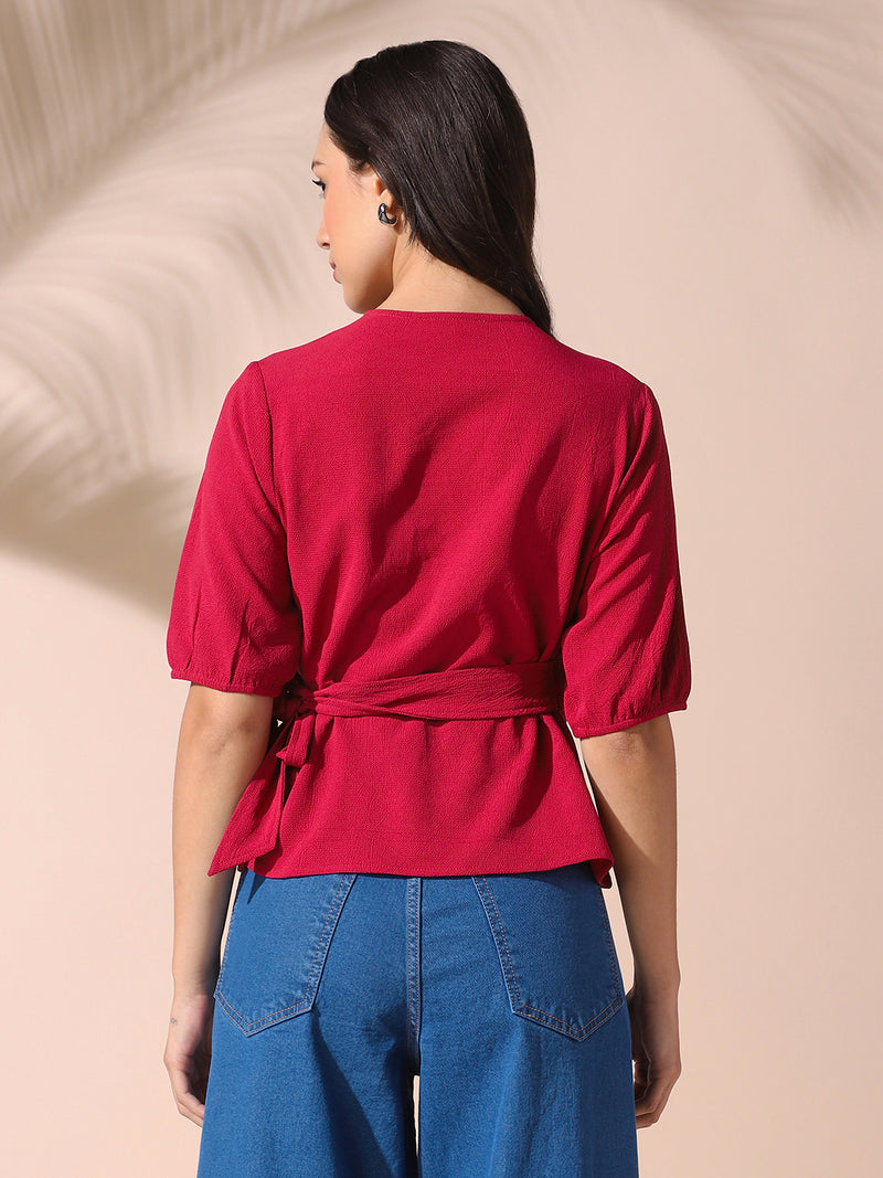 DL Woman Pink Solid Textured V-Neck Half Sleeves Tie-Up Top