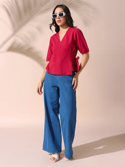 DL Woman Pink Solid Textured V-Neck Half Sleeves Tie-Up Top