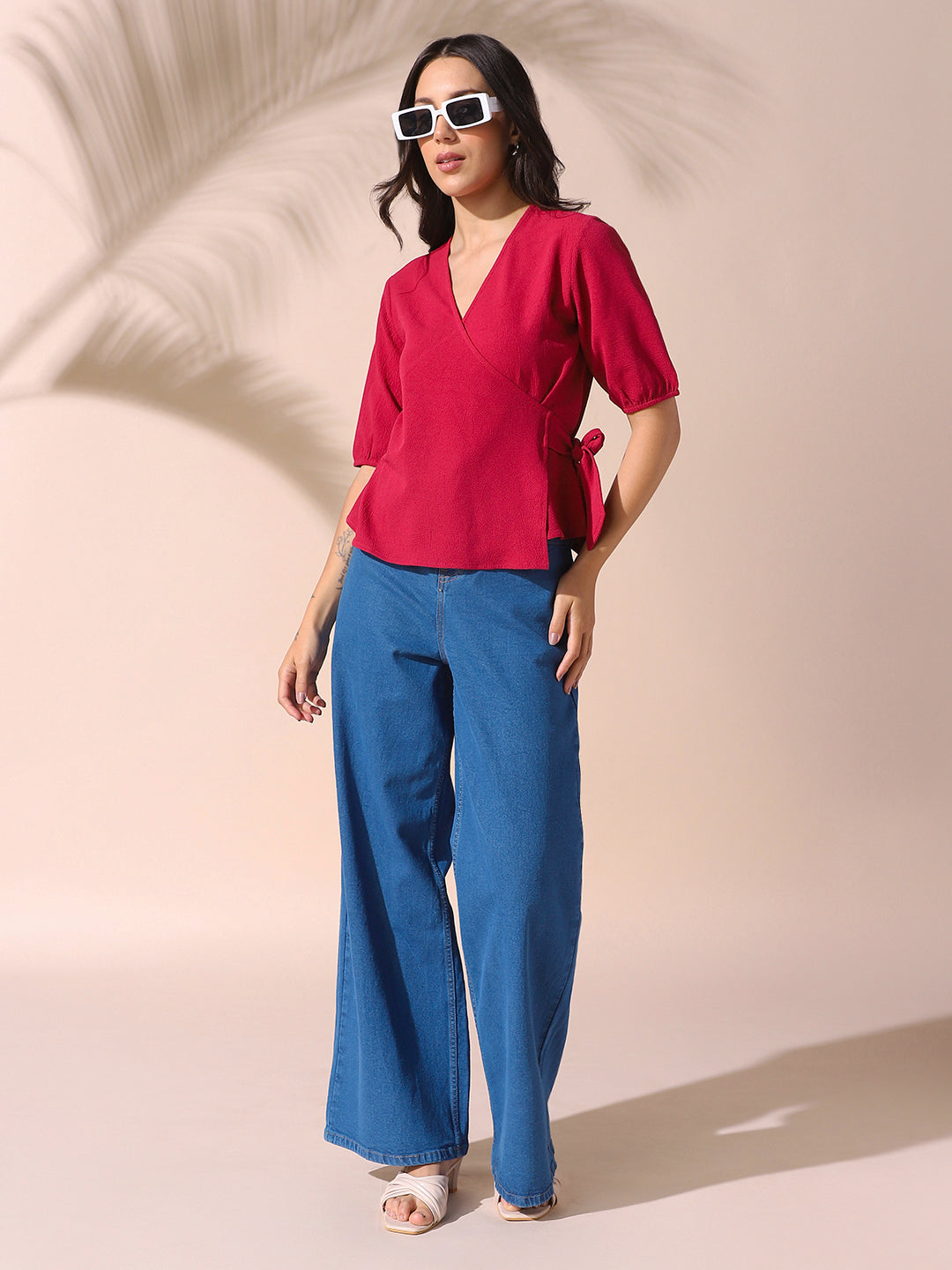 DL Woman Pink Solid Textured V-Neck Half Sleeves Tie-Up Top