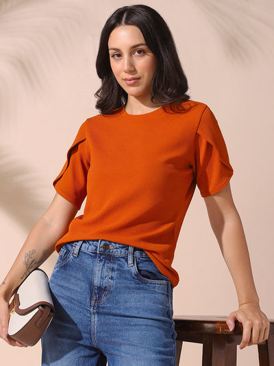 DL Woman Rust Solid Textured Round Neck Petal Sleeves Top