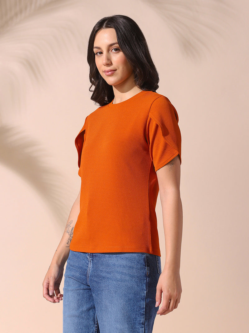 DL Woman Rust Solid Textured Round Neck Petal Sleeves Top