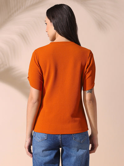 DL Woman Rust Solid Textured Round Neck Petal Sleeves Top