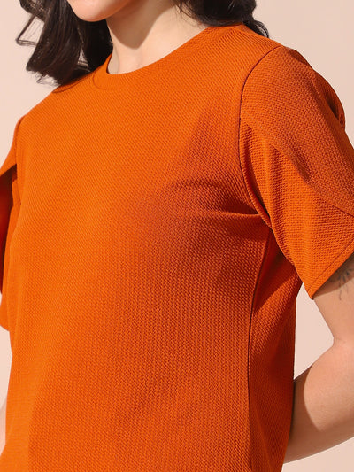 DL Woman Rust Solid Textured Round Neck Petal Sleeves Top
