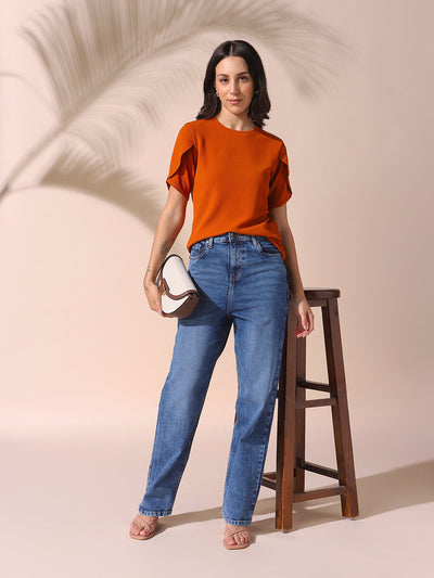 DL Woman Rust Solid Textured Round Neck Petal Sleeves Top