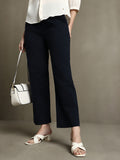 DL Woman Navy Solid Straight Fit Trousers