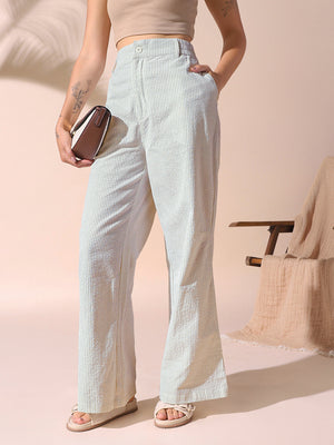 DL Woman Sage Green Textured Striped Relaxed Fit Trousers