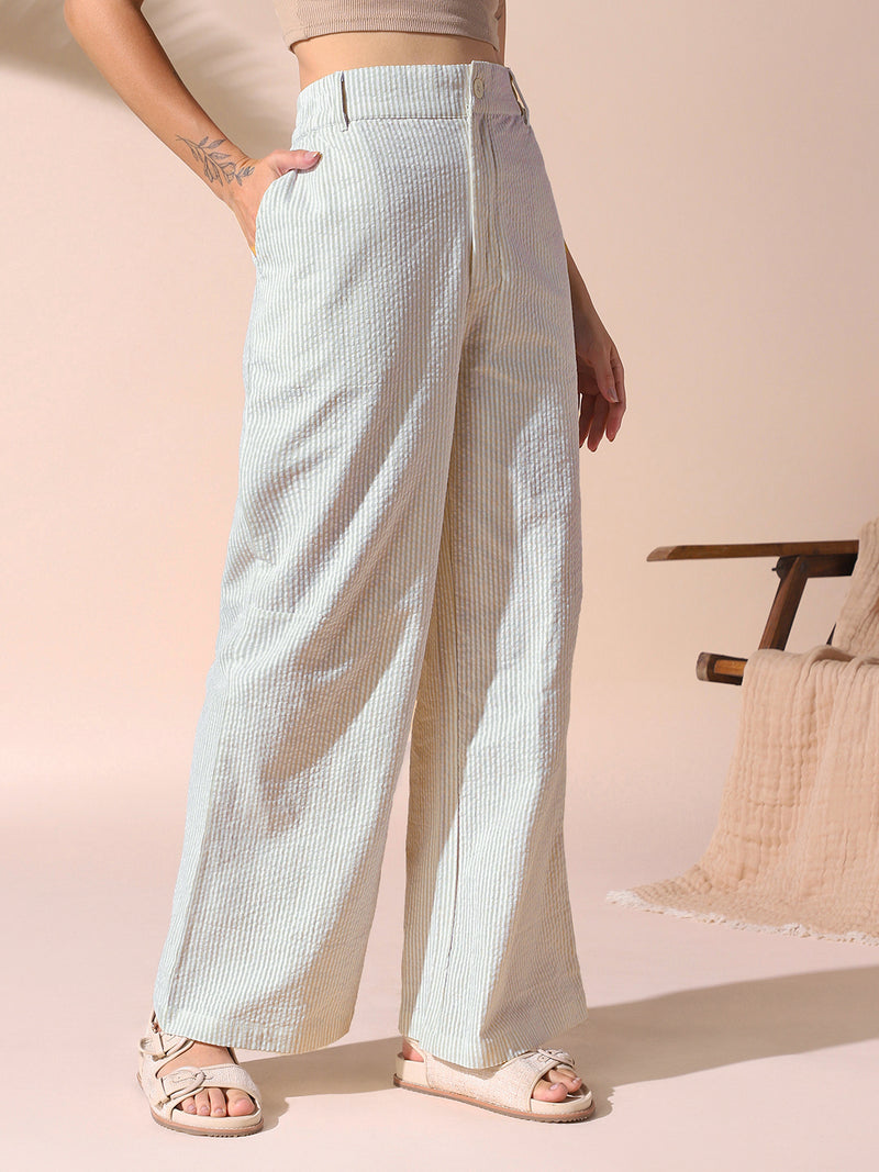 DL Woman Sage Green Textured Striped Relaxed Fit Trousers