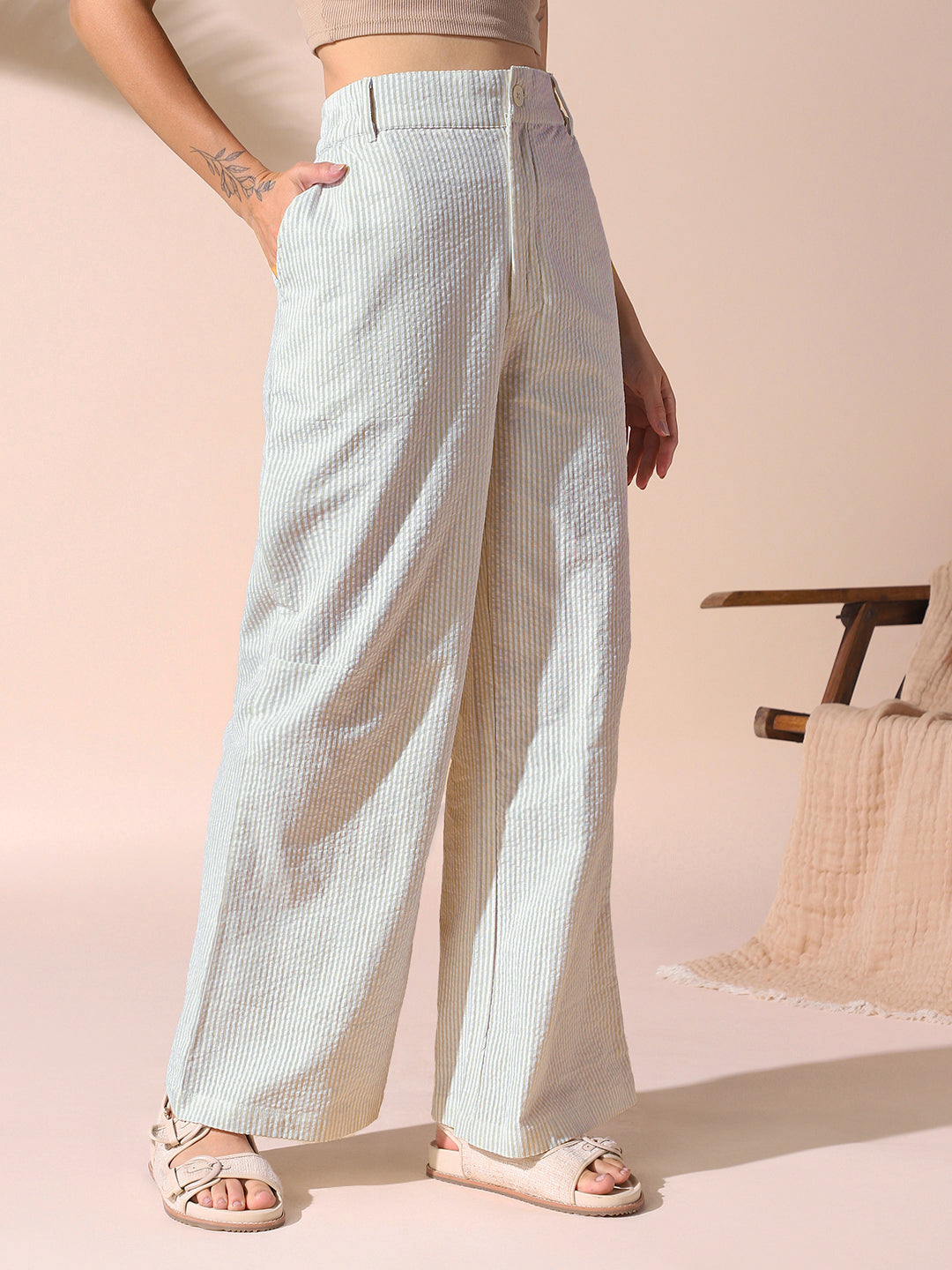 DL Woman Sage Green Textured Striped Relaxed Fit Trousers