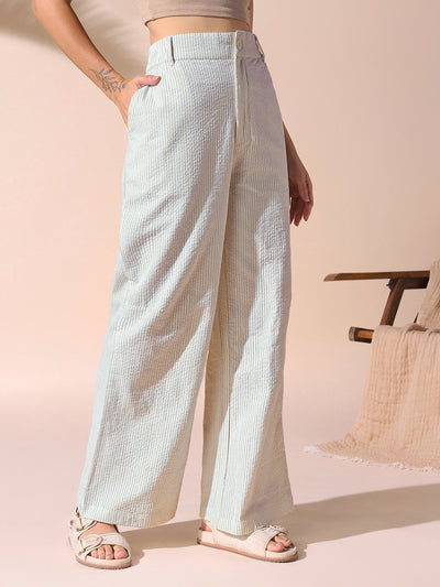 DL Woman Sage Green Textured Striped Relaxed Fit Trousers