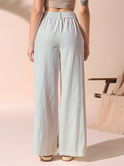 DL Woman Sage Green Textured Striped Relaxed Fit Trousers
