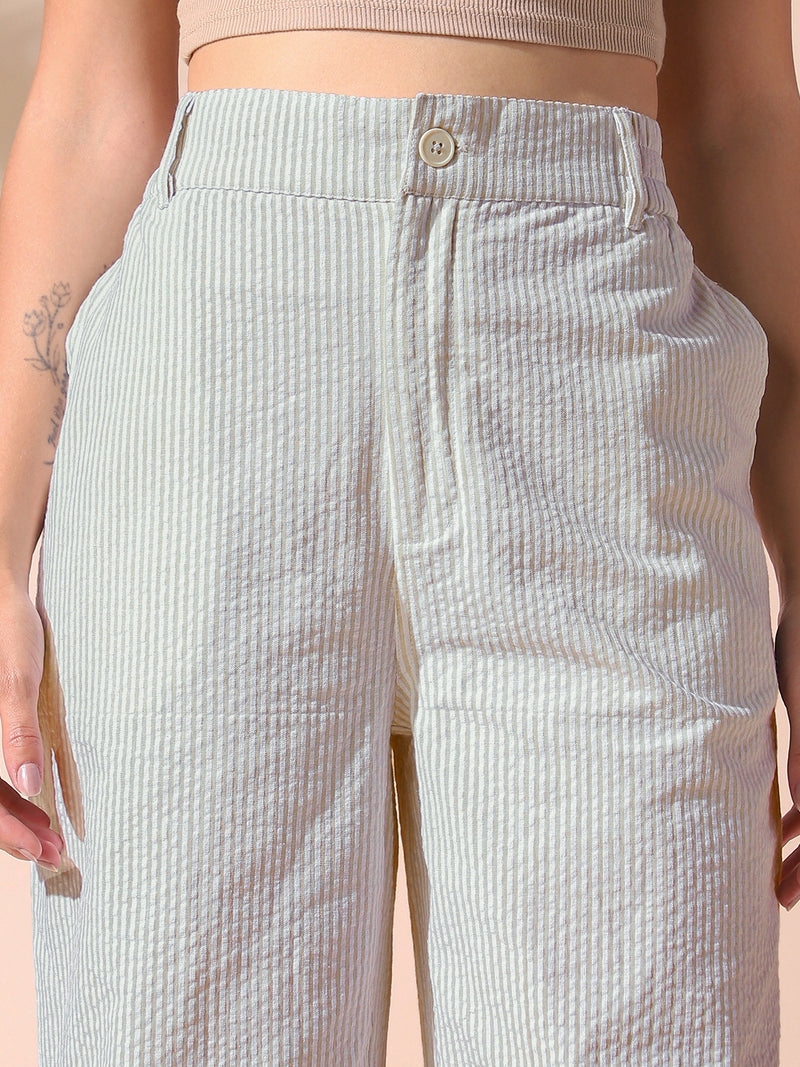 DL Woman Sage Green Textured Striped Relaxed Fit Trousers