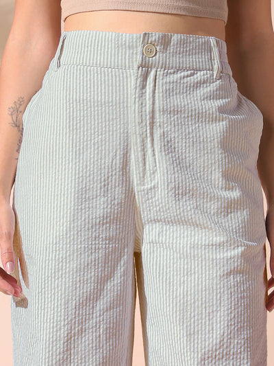DL Woman Sage Green Textured Striped Relaxed Fit Trousers