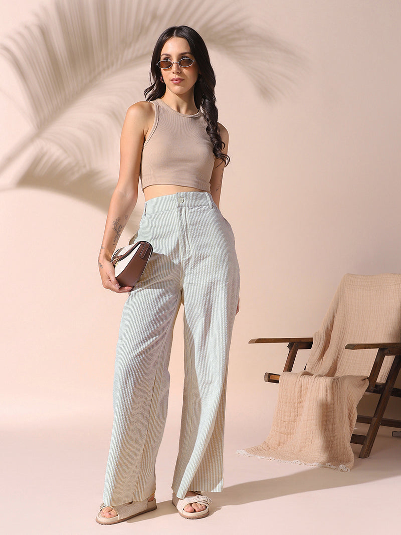 DL Woman Sage Green Textured Striped Relaxed Fit Trousers