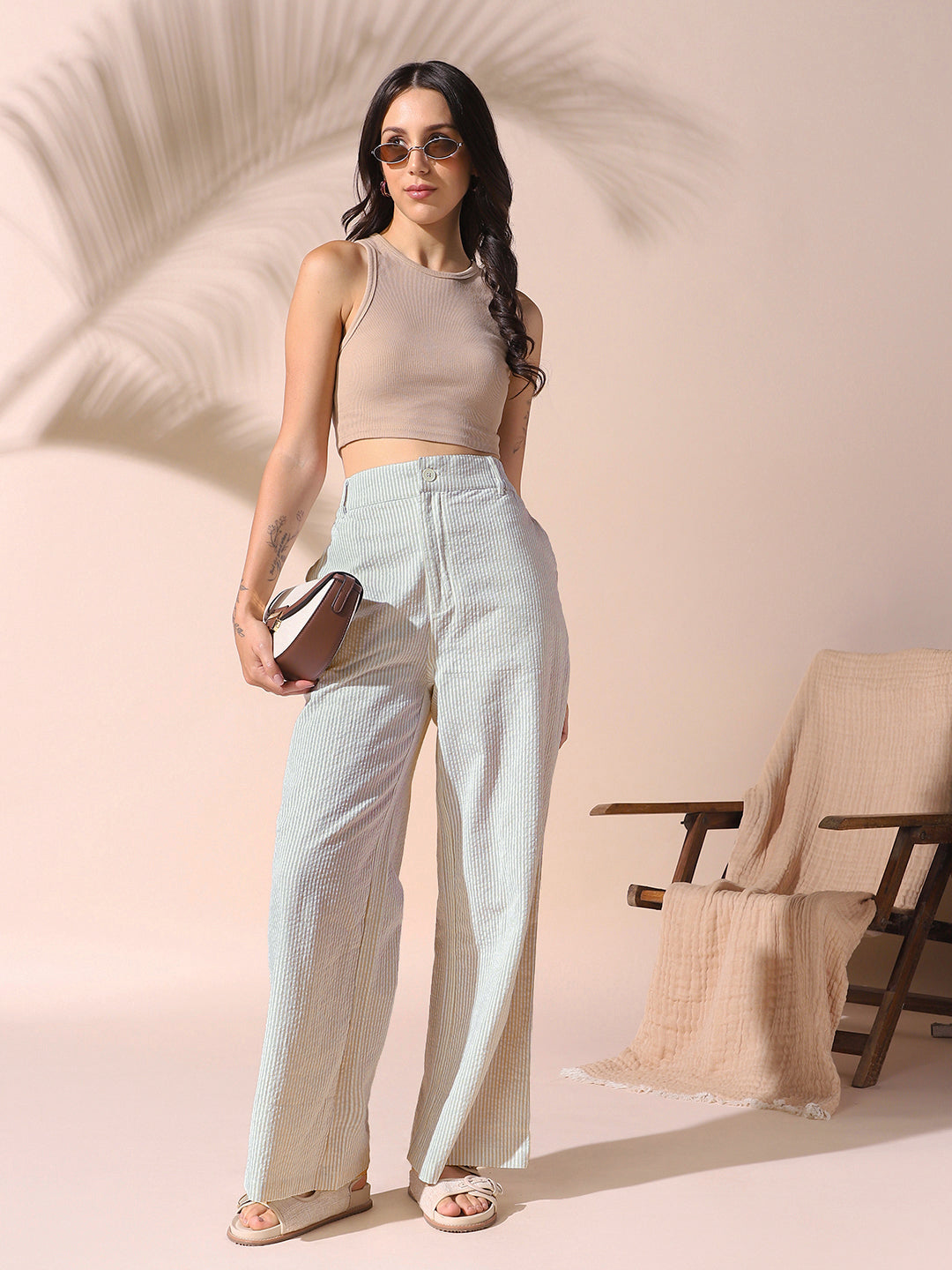 DL Woman Sage Green Textured Striped Relaxed Fit Trousers