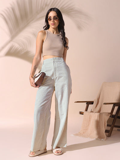 DL Woman Sage Green Textured Striped Relaxed Fit Trousers