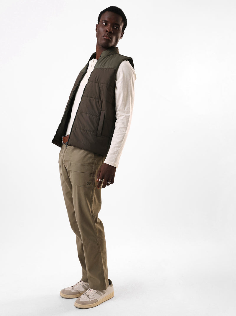 Men's Sage Solid Cotton Relaxed Fit Mid-Rise Cargo Trousers