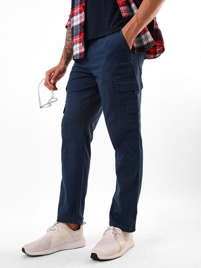 Men's Dark Blue Solid Cotton Relaxed Fit Mid-Rise Cargo Trousers