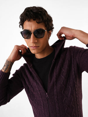 Men's Solid Cable Knit Hooded Front-Open Sweater