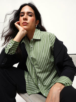 Striped Spread Collar Oversized Cotton Casual Shirt