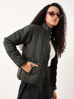 DL Woman Olive Solid Stand Collar Full sleeves Puffer Jacket