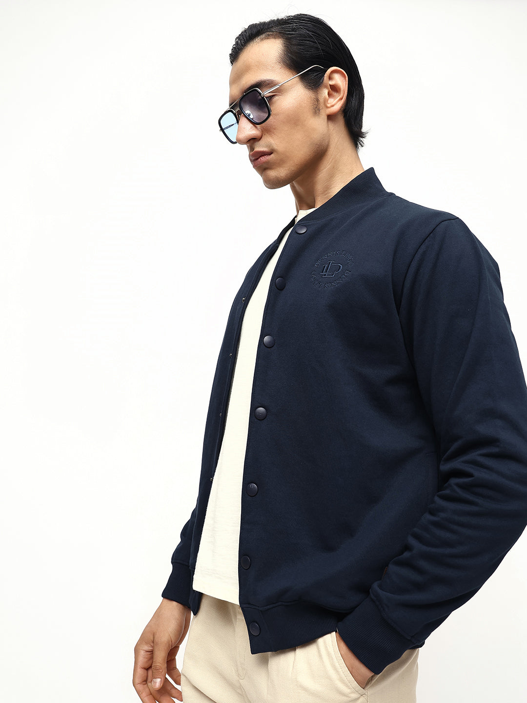 Men's Navy Blue Solid Rib Collar Full Sleeves Sweatshirt