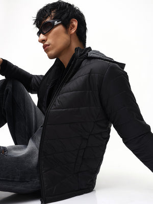 Men's Black Regular Fit Hooded Winterwear Puffer Jackets