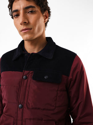 Men's Black & Maroon Colourblocked Spread Collar Full Sleeves Puffer Jacket
