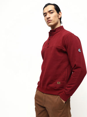 Men's Maroon Solid Mock Neck Full Sleeves Sweatshirt